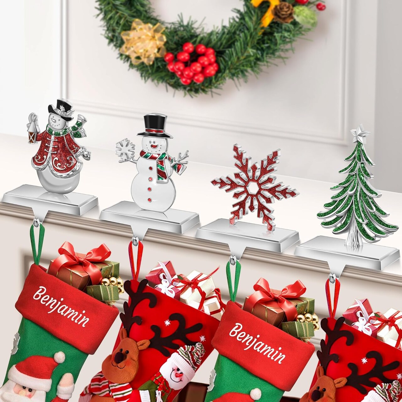 Set of 4 Christmas Stocking Holders for Mantle, Christmas Tree Weighted Stocking Holder, Snowflakes Stocking Hangers for Mantle,Christmas Stocking Holder for Fireplace Christmas Decorations